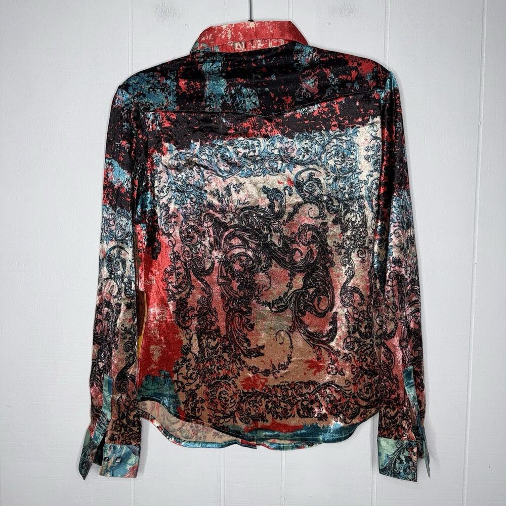 Wrangler Women’s Crushed Velvet Top Button Up Abstract Burnout Size Small NWT - Picture 2 of 5